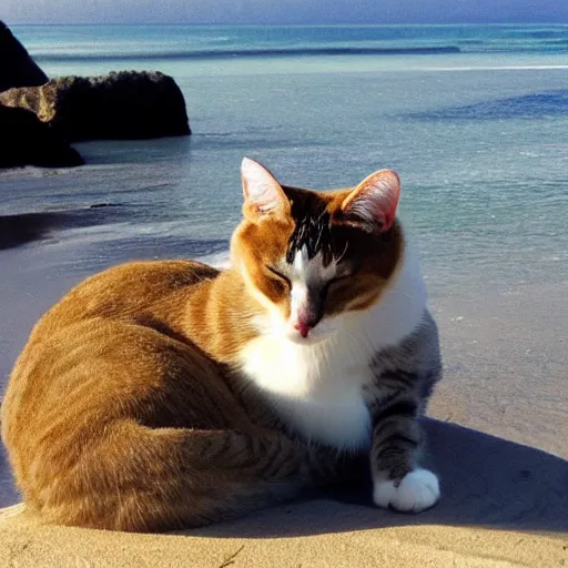 Prompt: a beautiful cat sleeping by the beach