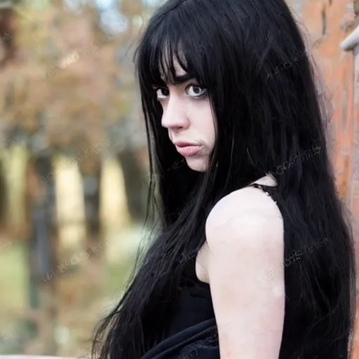 Prompt: a girl with long black hair her face is a mix between aubrey plaza, krysten ritter, lucy hale and maisie williams