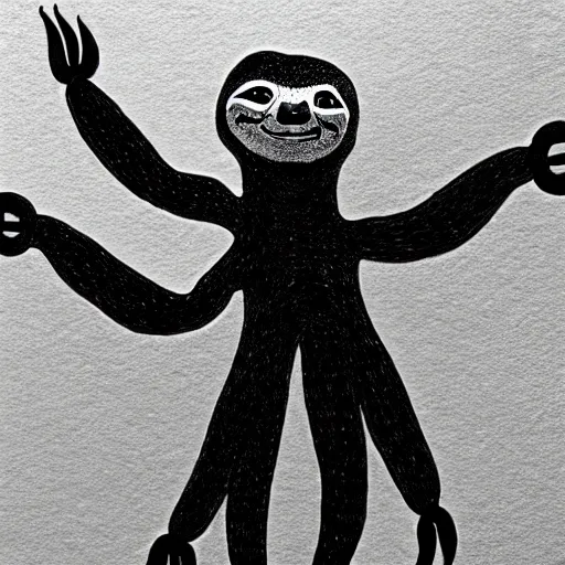 Image similar to sloth with eight arms, drawn with a black 0. 3 mm fineliner on a white paper