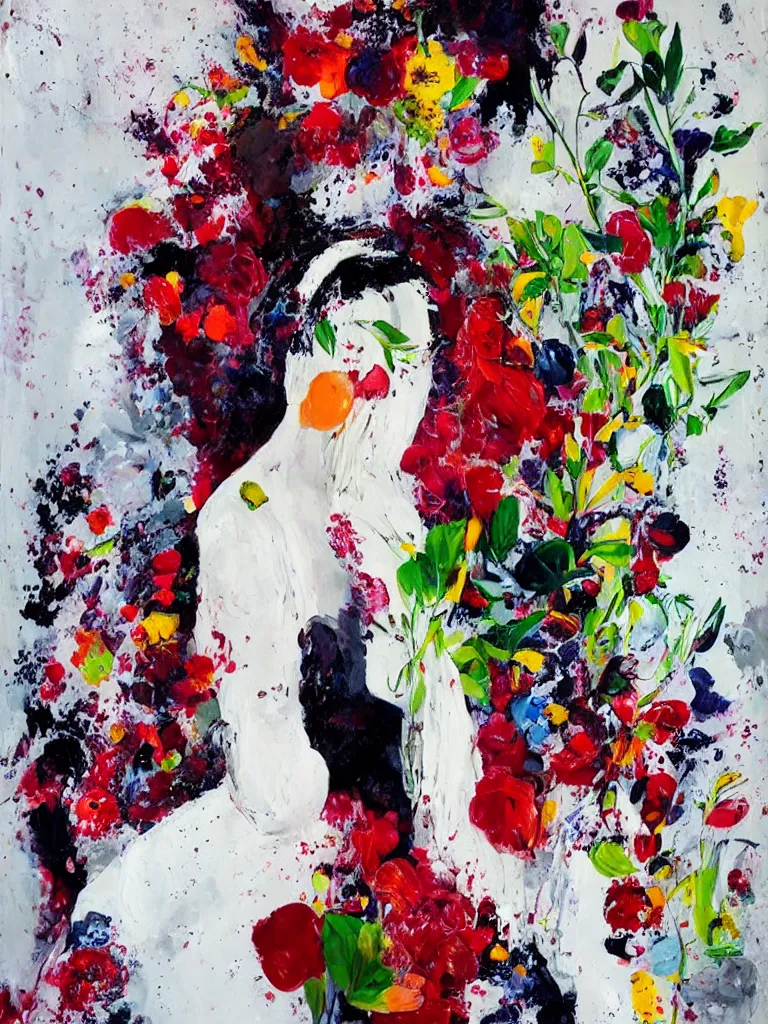 Image similar to “art in an Australian artist’s apartment, organic, portrait of a woman wearing white silk, neoexpressionist, eating luscious fresh raspberries and strawberries and blueberries, edible flowers, black background, acrylic and spray paint and wax and oilstick on canvas”