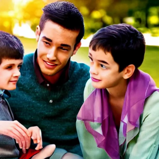 Prompt: a handsome young android family with a young boy, scene from a future world where nanotechnology is ubiquitous