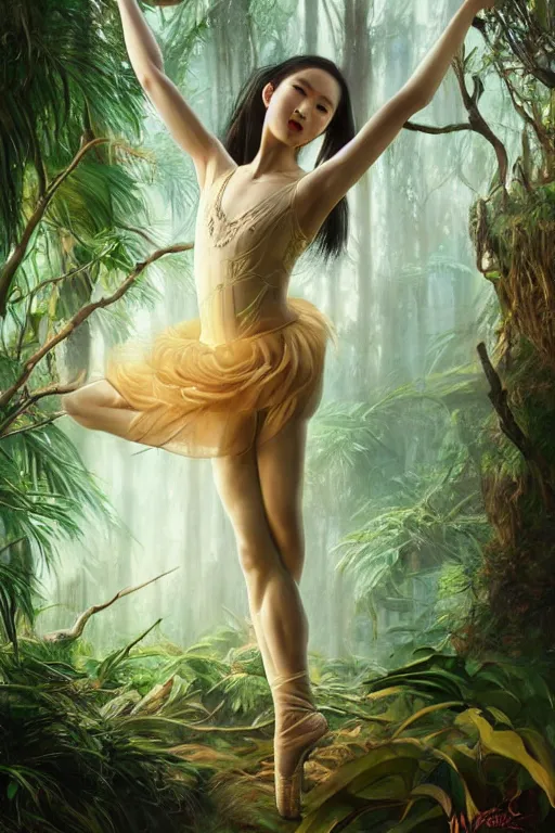 Image similar to stunningly beautiful, asian prima ballerina in jungle, symmetrical face, golden hour, smooth, focus, highly detailed, hyper realistic, dramatic lighting, elegant, intricate, concept art, art by wlop, mars ravelo, greg rutowski