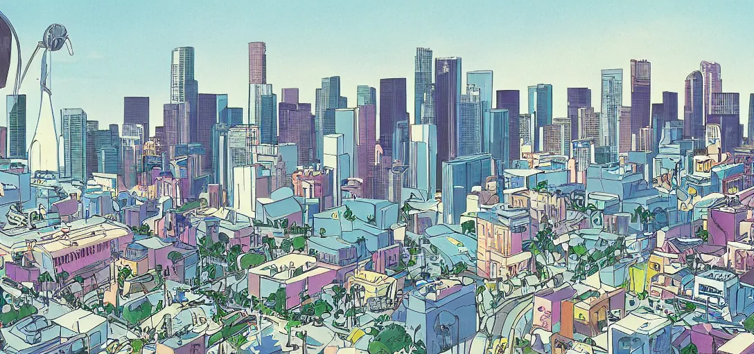 Image similar to concept illustration art for los angeles skyline by lou romano and dice tsutsumi