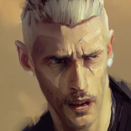 Image similar to A detailed oil painting of a priest in his thirties, sharp and angular face, dirty blonde hair reaching the shoulders, by Greg Rutkowski, trending on artstation