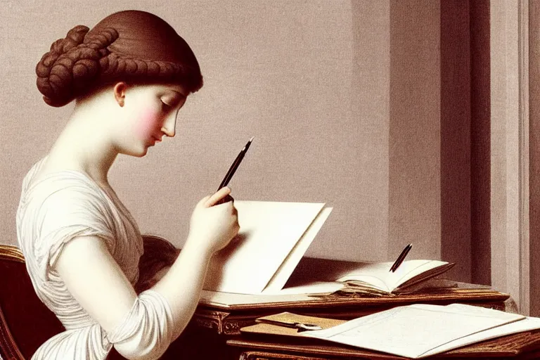 Image similar to georgian lady writing at her desk by vittorio reggianini, directoire style, regency, empire silhouette, bright lighting, perfectly detailed eyes, beautiful hands, pale skin, clear face