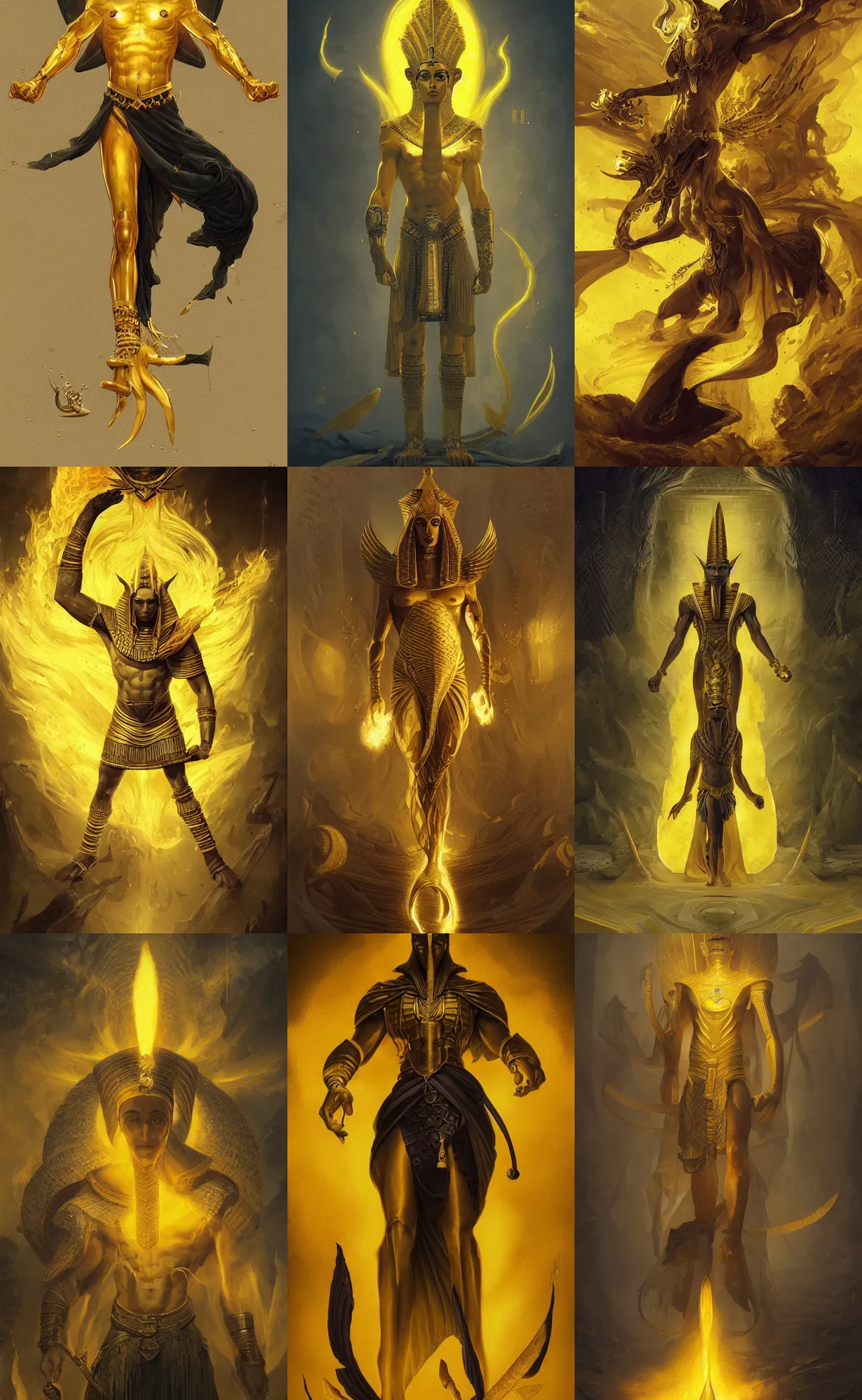 Prompt: yellow fire egyptian god, full body shot, black cloth, male, highly detailed, digital painting, artstation, concept art, sharp focus, illustration, orientalism, art by aleksi briclot and mohrbacher and raphael lacoste and magali villeneuve