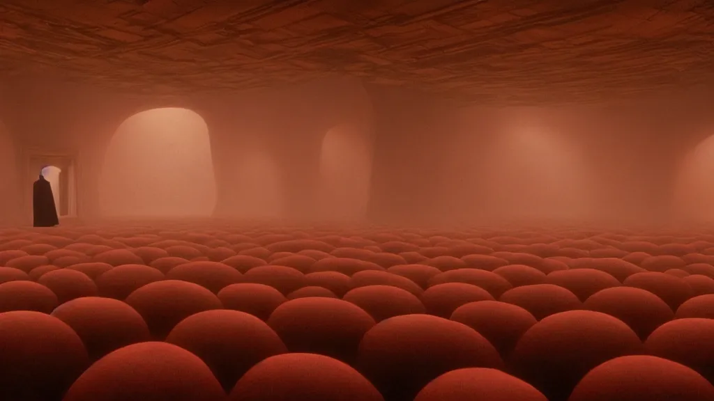 Image similar to inside of a room at Willy Wonka’s chocolate factory, film still from the movie directed by Denis Villeneuve with art direction by Zdzisław Beksiński, wide lens