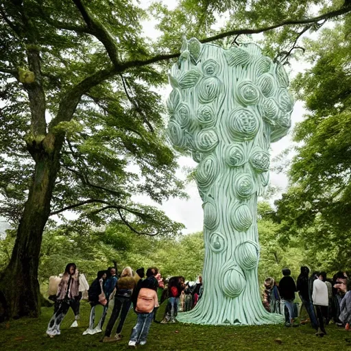 Prompt: composed celadon by hayao miyazaki, by jacob hashimoto. sculpture. a group of people gathered around a large tree in a forest. the tree is surrounded by a bright light, & the people appear to be looking up at it in wonder.