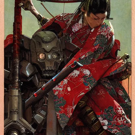 Prompt: the doomslayer wearing a kimono, art by norman rockwell and donato giancola and greg rutkowski,