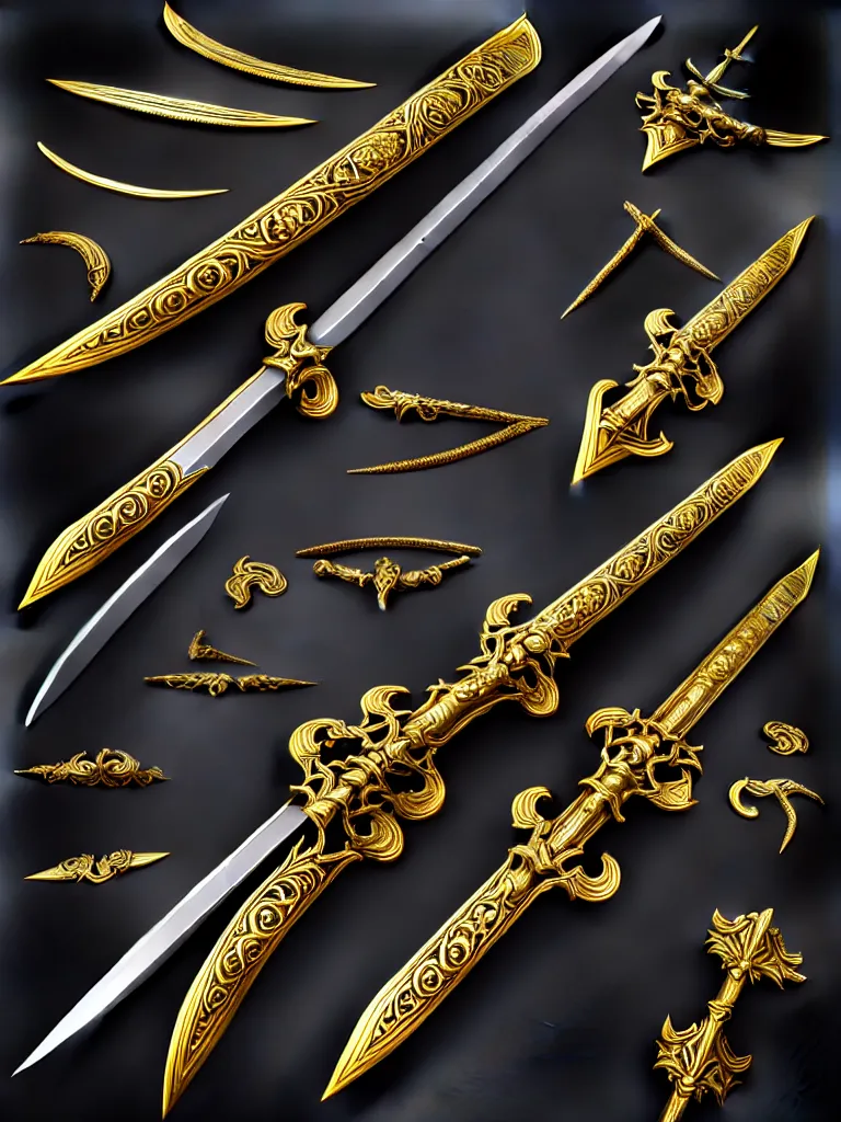 Image similar to ornate magic long sword, proportional image, clean background, 3 d octane render, blade, sharp, gold, gems, cryptoblades