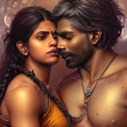 Image similar to portrait painting of dark muscular indian couple kissing, ultra realistic, concept art, intricate details, eerie, highly detailed, photorealistic, octane render, 8 k, unreal engine. art by artgerm and greg rutkowski and alphonse mucha