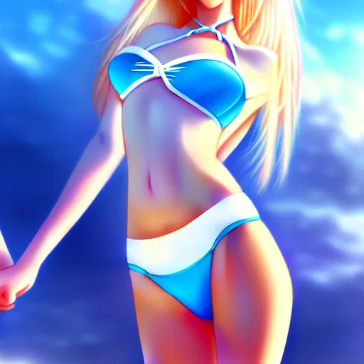 Image similar to tiny father a tall daughter picture : a very beautiful young blond anime girl, sky blue eyes, bikini, white miniskirt, highly detailed, cinematic wallpaper by stanley artgerm lau