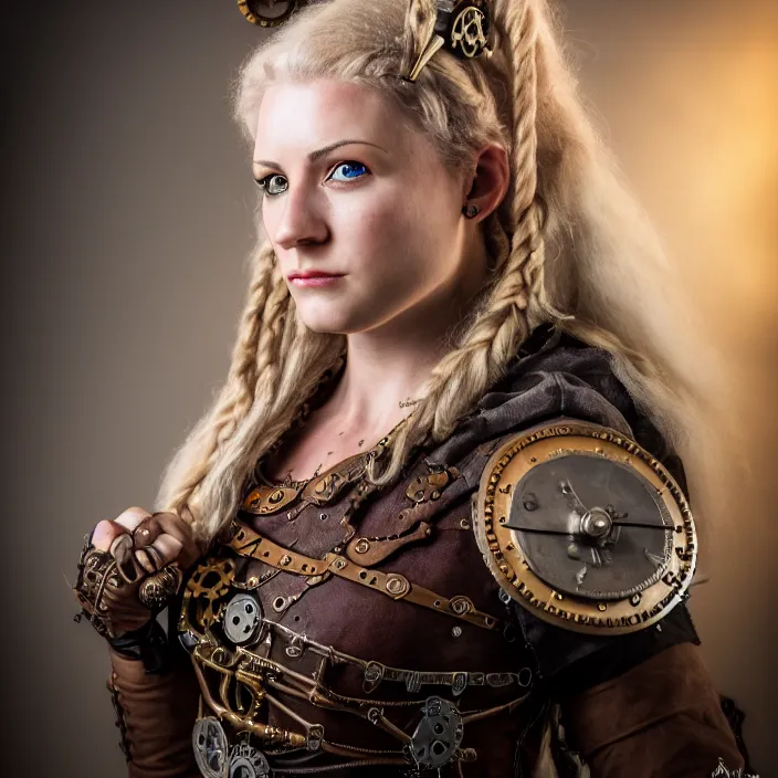 Prompt: portrait photograph of a real-life female steampunk viking, Extremely detailed. 8k