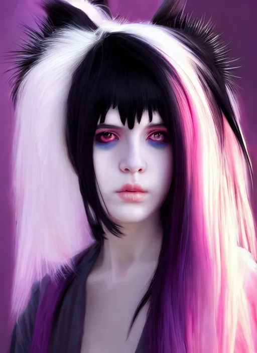 Image similar to hair blackbangs hair, white cyberlox, portrait of normal teenage girl, normal face, black bangs, messy bangs, fluffy bangs, cyberlox, whitebangs, red contact lenses, purple background, intricate, elegant, highly detailed, digital painting, artstation, concept art, sharp focus, smooth, illustration, art by wlop, mars ravelo and greg rutkowski