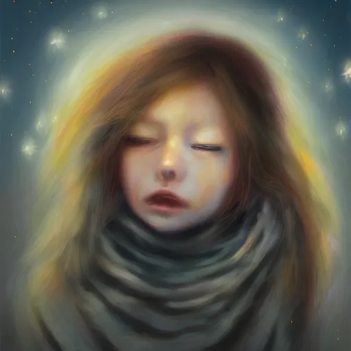 Prompt: girl crying, stars in the sky, cold weather, emotional oil painting, digital art, trending on artstation, by Yoshitaka Amano