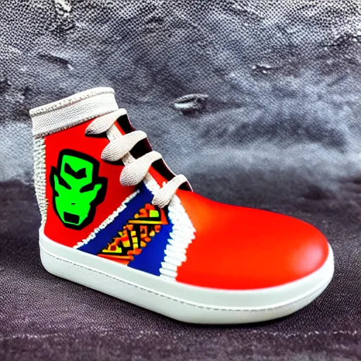 Prompt: realistic scultpure of plastic toy sneaker! design, sneaker design overwatch botw fantasy style mixed with aztec mayan native street fashion, focus on sneakers only, shoes designed by akira toriyama and studio ghibli