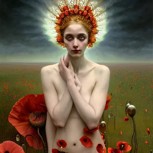 Image similar to poppy goddess unique non conventional beauty, surreal, fantasy, intricate, elegant, dramatic lighting, emotionally evoking symbolic metaphor, highly detailed, lifelike, photorealistic, digital painting, artstation, concept art, smooth, sharp focus, illustration, art by John Collier and Krenz Cushart and Artem Demura and Alphonse Mucha and Albert Aublet