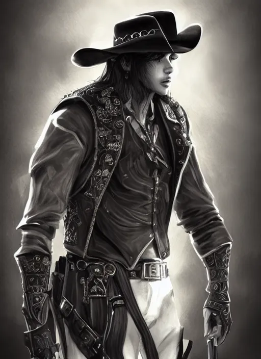 Prompt: a highly detailed illustration of bts v as cowboy wearing black cowboy hat, dramatic shooting gun pose, perfect face, intricate, elegant, highly detailed, centered, digital painting, artstation, concept art, smooth, sharp focus, league of legends concept art, wlop