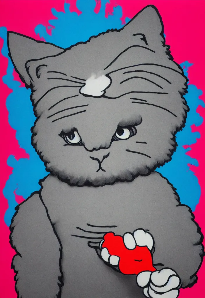 Prompt: fluffy cat with an afro comb t - shirt design, by jules julien, kaws, dark grisaille monochrome neon spraypaint, ironic surrealism, hypebeast