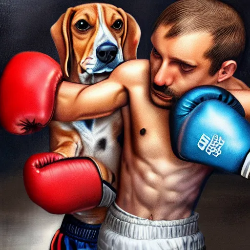 Prompt: two beagle hound dogs boxing with fists, inside a boxing ring hd, realism, hyper detail, intricate detail, 4 k