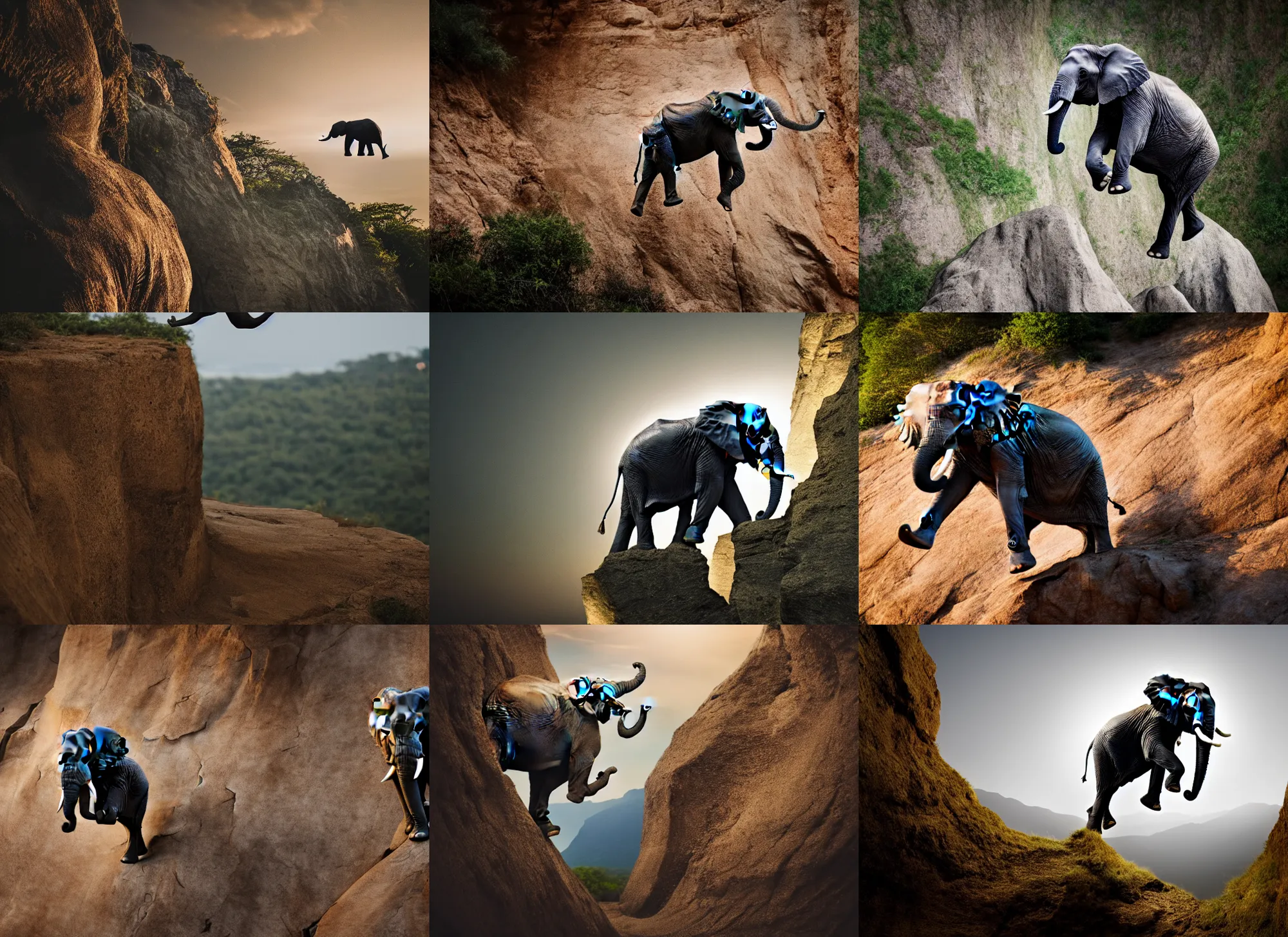 Prompt: photo still of elephant jumping off cliff, 8 k, studio lighting bright ambient lighting key light, 8 5 mm f 1. 8