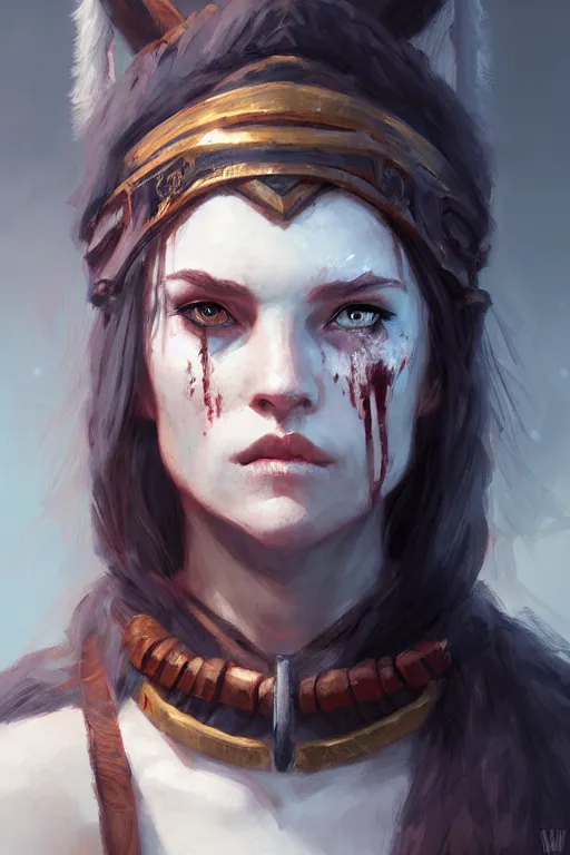Prompt: head and shoulders portrait of a barbarian, female, high fantasy, dnd, by wlop