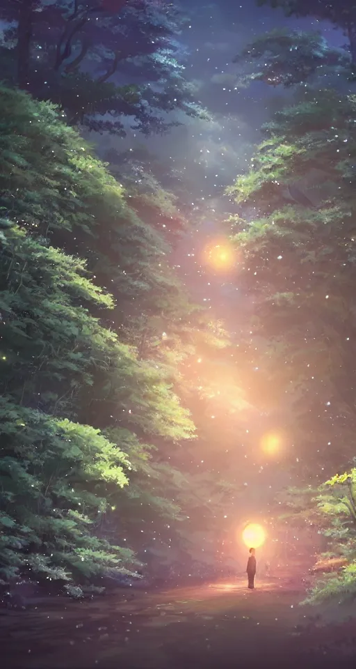 Image similar to fireflies in the forest by makoto shinkai, animation background, finely detailed