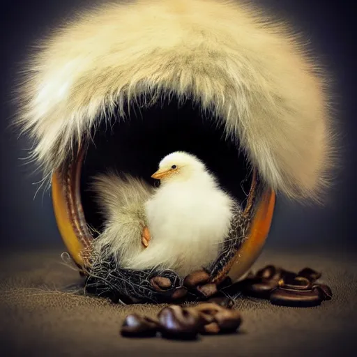 Image similar to long shot of a cute fluffy furry chick nesting in a antique coffee cup, by esao andrews, by m. w. kaluta, humorous illustration, hyperrealistic, tilt shift, warm colors, night scenery, low light, 3 d octane render, 4 k, volumetric lights, smooth, cosy atmosphere, conceptart, hyperdetailed, trending on deviantart