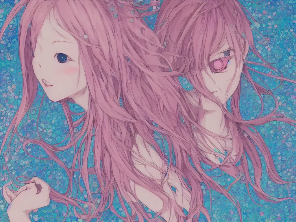 Image similar to colorful blueprint kawaii pink hair anime girl, illustration, intricate, elegant, digital painting, highly detailed, artstation, colorful, beautiful, studio ghibli, hayao miyazaki, takashi murakami, alfons mucha, manga, cute and adorable