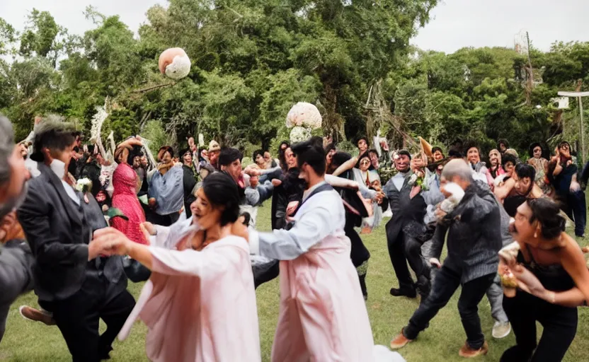 Image similar to a crowd of mexicans dancing around a giant avocado in a wedding,