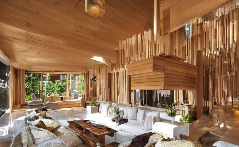 Prompt: luxurious wooden cottage, modern Japanese living room, Japanese flower arrangements, grand piano, fireplace, coherent composition, architecturally accurate, architecture photography