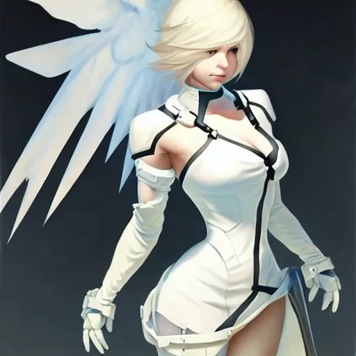 Image similar to greg manchess painting of a 2 yorha type a no. 2 as mercy from overwatch!!, white long hair, large white wings, organic painting, trending on artstation, by huang guangjian and gil elvgren and sachin teng