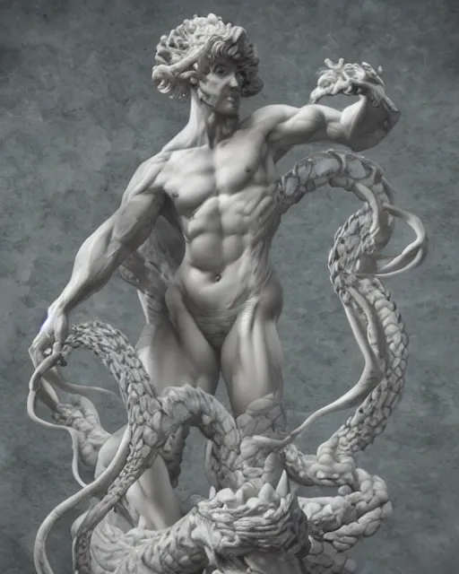 Image similar to an old marble statue of a hydra from herculean myths, hyper realistic, 4 k, grainy marble, hyper detailed