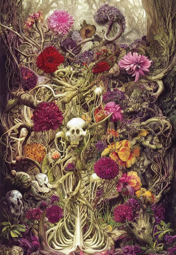 Image similar to simplicity, elegant, colorful muscular eldritch animals and bones radiating from fractal, orchids, dahlias, flowers, mandalas, white bones, by h. r. giger and esao andrews and maria sibylla merian eugene delacroix, gustave dore, thomas moran, pop art, chiaroscuro, biopunk, art nouveau