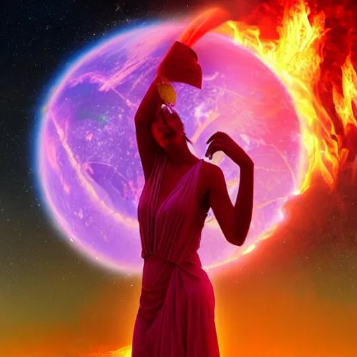Image similar to a colossal goddess wearing a flamingo fashion, sci - fi aesthetics, on fire, photoshop, colossal, creative and cool, giant, digital art, photo manipulation, planets, with earth, outer space, smoke