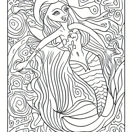 Prompt: Clean line drawing of a mermaid, coloring-in sheet style for children\'s coloring, no fill, just line.