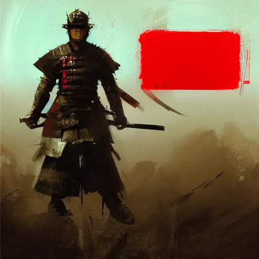 Image similar to artwork by Craig Mullins and Russ Mills and SPARTH showing a samurai in front of a red circle
