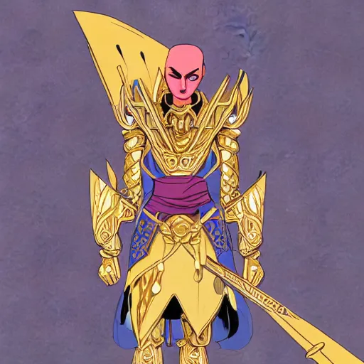 Image similar to illustration of male antimage, gold accents, in the style of yoshitaka amano