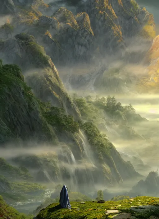 Image similar to an stral monk in lord of the rings scenery landscape, looking out at a vast lush valley at sunrise with a tibetan temple on a mountain in the distance, river, waterfall, god's rays, highly detailed, vivid color, cinematic lighting, perfect composition, 8 k, gustave dore, derek zabrocki, greg rutkowski, belsinski, octane render