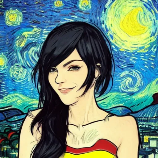 Prompt: full body portrait of Ruby Rose of RWBY, night time, star background, fantasy character portrait, casual pose, smiling, artwork by Vincent van Gogh and Amy Sherald, perfect face, simple form, 100m