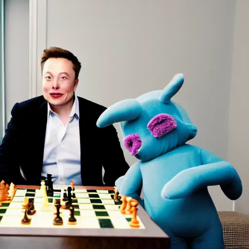 Prompt: elon musk with teletubbies, playing chess