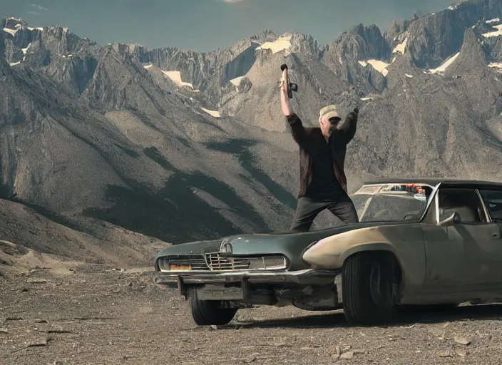 Image similar to a very high resolution image from a new movie, eminem shooting a car. mountains, directed by wes anderson