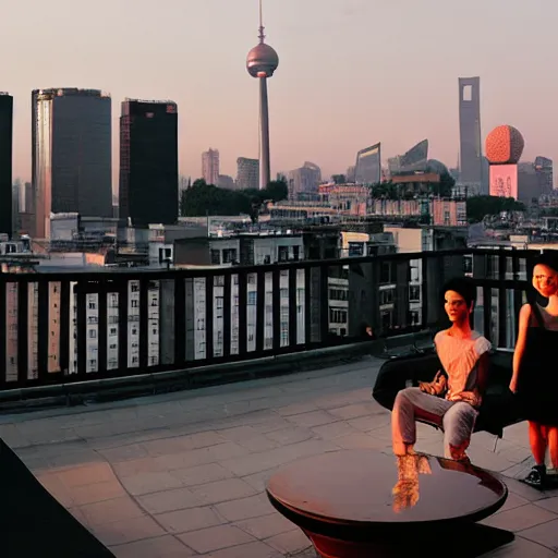 Image similar to a small rooftop with a couple of modern teenagers, standing and talking to each other, wearing black modern clothes, modern shanghai bund is on the background, sunset, by gregory crewdson, by asher brown durand