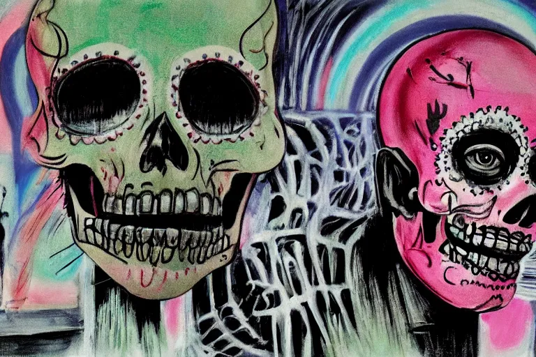 Image similar to scene from scarface, day of the dead, cyber skeleton, neon painting by otto dix