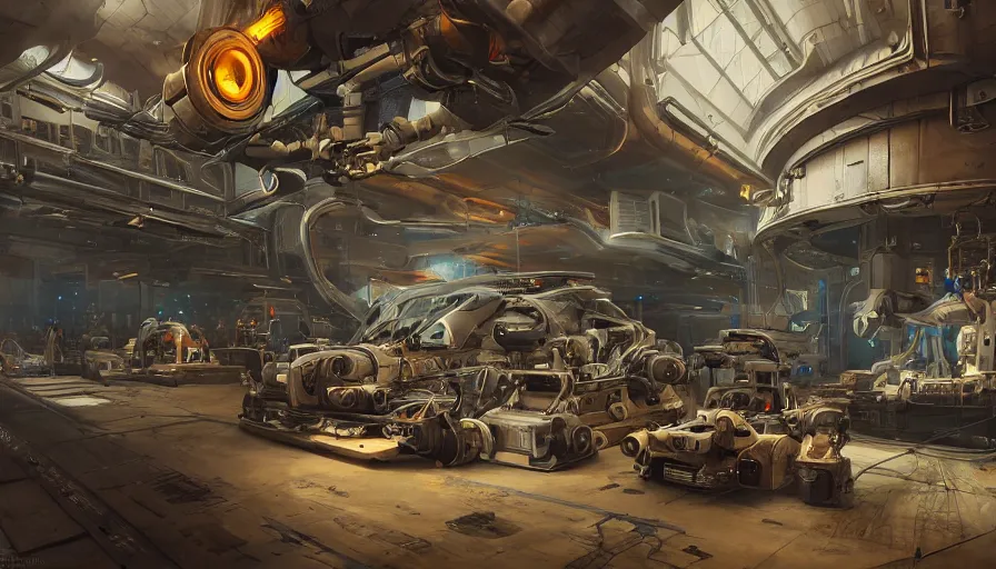 Image similar to the inside of a futuristic mechanic spaceshop coc, highly detailed interior, half - finished robot, holographic screen in center frame by peter mohrbacher, dieselpunk, cryengine render, hyper realism, realistic shading, cinematic composition, realistic render, octane render, detailed textures, photorealistic, wide shot, fanciful, colorful