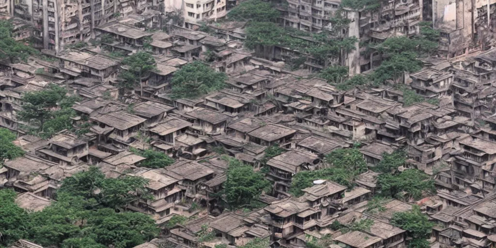 Prompt: studio ghibli film still of a forest city, kowloon walled city, ruined buildings, animals