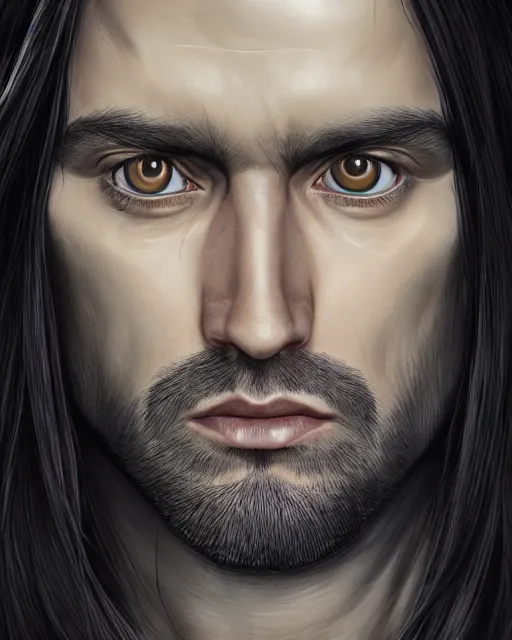 Image similar to portrait of tall, 3 3 - year - old handsome man with long black hair, and grey eyes, wearing black clothes, hyper realistic face, beautiful eyes, character art, art by mark brooks, hyperdetailed, cryengine, trending on artstation, digital art