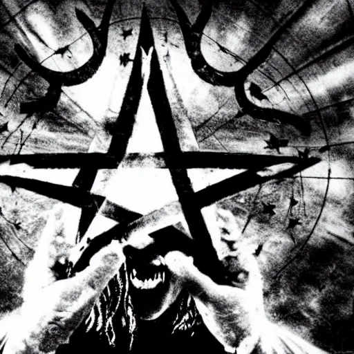 Image similar to a nu-metal musician using a pentagram to conjure the lord of metal music. Horror film production photo from the 1990s.