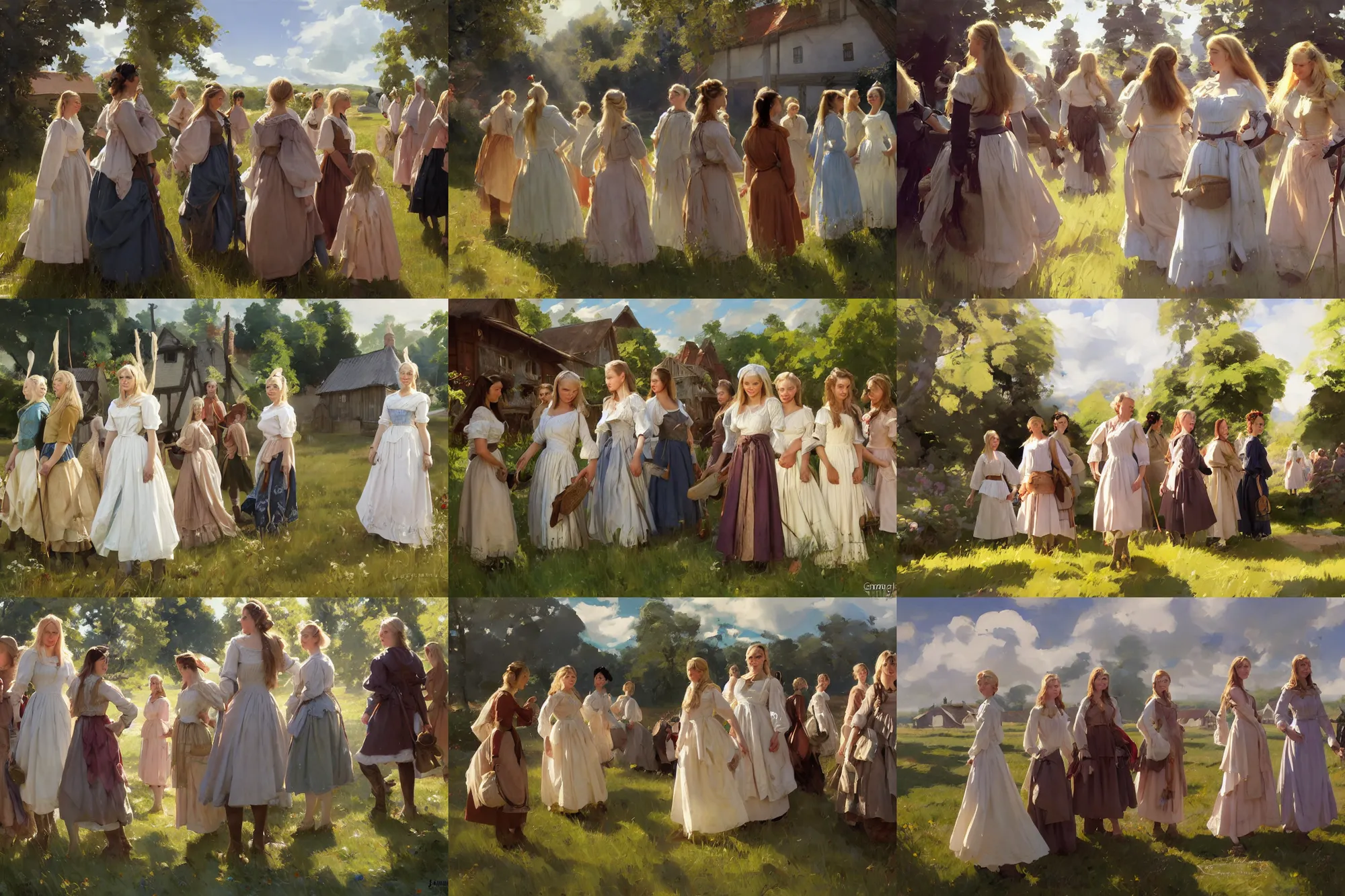 Prompt: group of beautiful finnish norwegian swedish scandinavian attractive village maidens wearing 1 7 th century stays with low neckline walking in the field in a sunny day, jodhpurs greg manchess painting by sargent and leyendecker, studio ghibli fantasy close - up shot asymmetrical intricate elegant matte painting illustration hearthstone, by greg rutkowski by greg tocchini by james gilleard