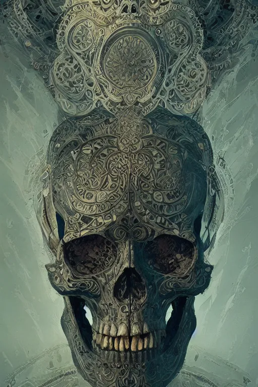 Image similar to concept art skull, the skull is decorated with art deco patterns, close - up portrait, powerfull, intricate, elegant, volumetric lighting, scenery, digital painting, highly detailed, artstation, sharp focus, illustration, concept art, ruan jia, steve mccurry